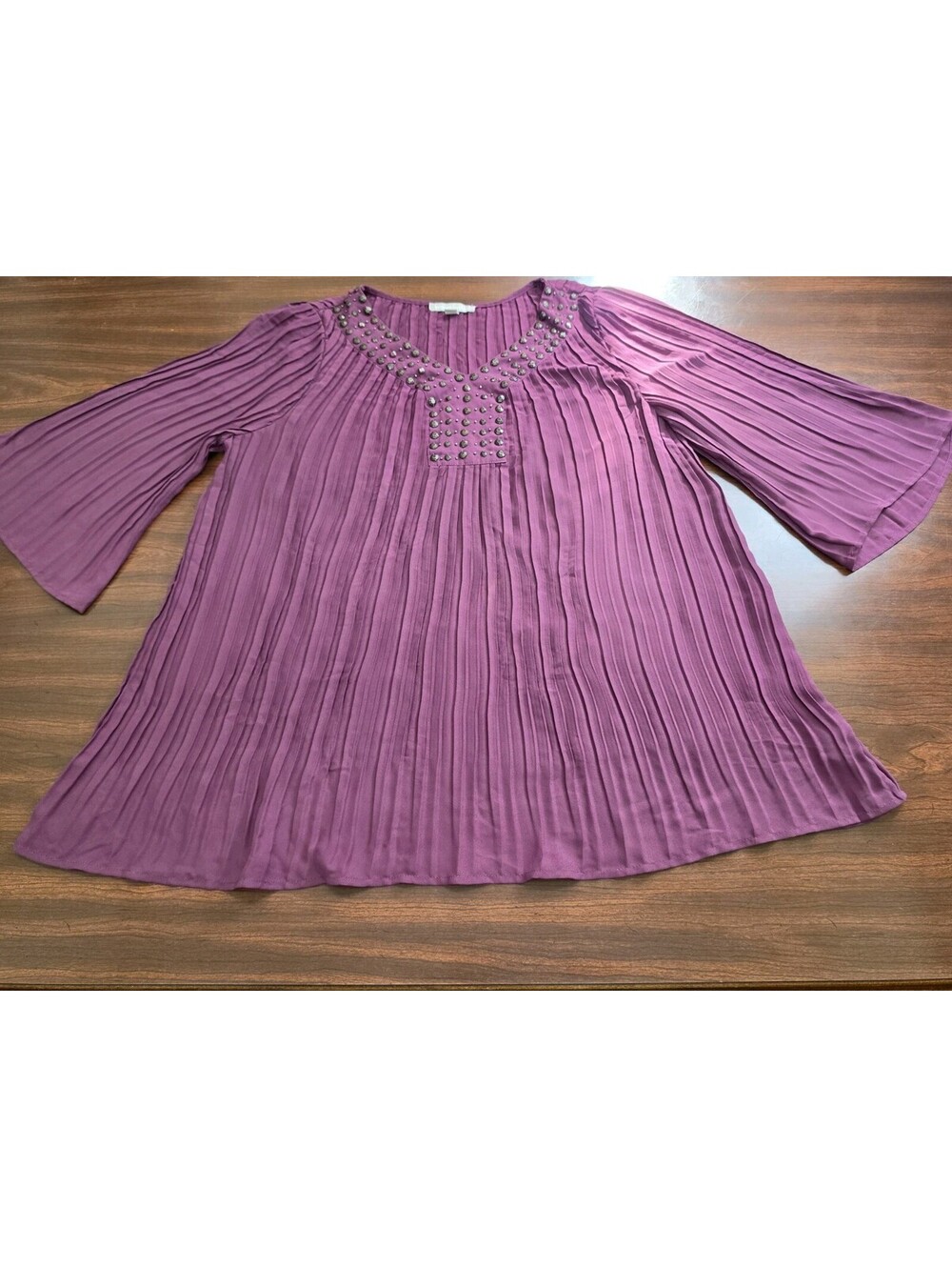 Woman Within Top Size 14/16 Purple Pleated Bell Sleeve Studded Y2K Boho Chic